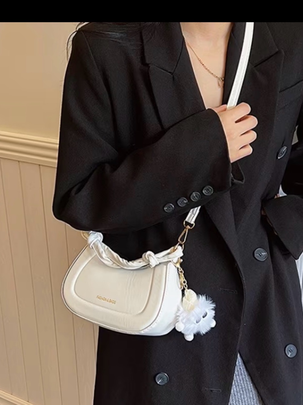 Fashion Bug Cream Shoulder Bag with Plush Charm